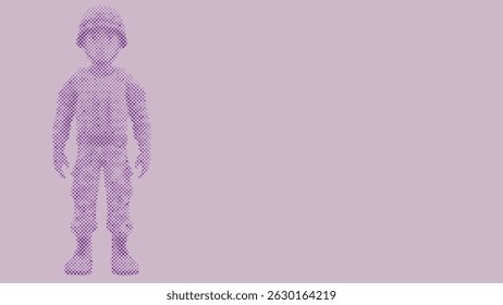 Halftone dot pattern of A cartoon soldier wearing a uniform and helmet