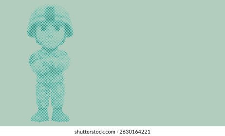 Halftone dot pattern of A cartoon soldier wearing a uniform and helmet