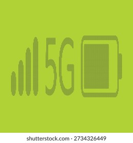 Padrão de ponto de meio tom representando barras de sinal verde 5 G e smartphone no fundo de cal