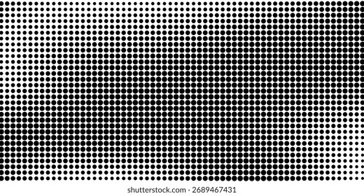 Padrão de ponto de meio-tom com efeito de malha em preto-e-branco. Gradiente de estilo cômico abstrato feito de pontos circulares variáveis. Fundo de textura vintage dinâmica. Ilustração vetorial da arte pop.
