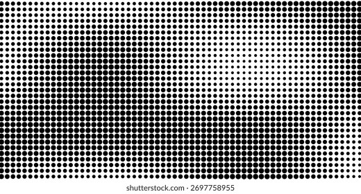 Halftone dot pattern with mesh effect in black and white. Abstract comic style gradient made of varying circular dots. Dynamic vintage texture background. Pop art vector illustration.