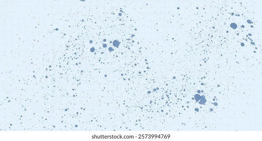 Halftone dot pattern on a pastel blue dusty background with spray paint drips, ink splashes and grunge stain stipple effect