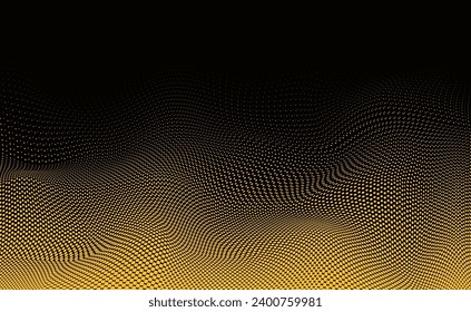 Halftone dot pattern. Pop art gradient background with abstract curve. Optical spotted texture. Comic half tone effect. Black golden banner. Monochrom