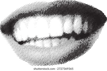 Halftone dot pattern of a smiling mouth with teeth.