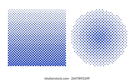 Halftone dot patterns in square and circular shapes with blue color retro comic book effect
