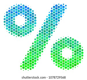 Halftone dot Percent icon. Icon in green and blue color hues on a white background. Vector mosaic of percent icon made of sphere blots.