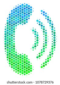 Halftone dot Phone Ring icon. Icon in green and blue color tints on a white background. Vector composition of phone ring icon done of round pixels.