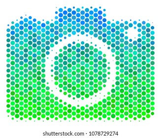 Halftone dot Photo Camera pictogram. Icon in green and blue color hues on a white background. Vector mosaic of photo camera icon organized of sphere items.