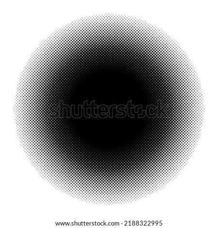 Halftone dot. Pop art circle. Round faded pattern. Raster fading texture. Black dots half tone for design comic print. Radial fadew halftone effect. Abstract popart background. Vector illustration