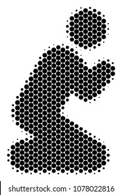 Halftone dot Praying Person icon. Pictogram on a white background. Vector concept of praying person icon made of spheric blots.