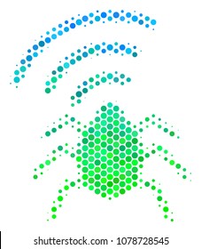Halftone dot Radio Bug pictogram. Icon in green and blue color hues on a white background. Vector collage of radio bug icon made of spheric spots.