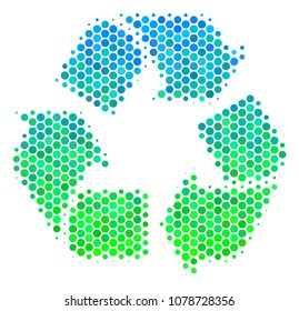 Halftone dot Recycle Arrows icon. Icon in green and blue color tints on a white background. Vector concept of recycle arrows icon done of sphere items.