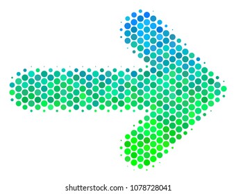 Halftone dot Right Arrow icon. Pictogram in green and blue color tints on a white background. Vector collage of right arrow icon constructed of sphere dots.