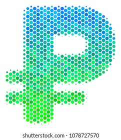 Halftone dot Rouble pictogram. Pictogram in green and blue color tints on a white background. Vector mosaic of rouble icon combined of sphere pixels.