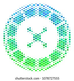 Halftone dot Roulette icon. Pictogram in green and blue shades on a white background. Vector collage of roulette icon designed of round pixels.