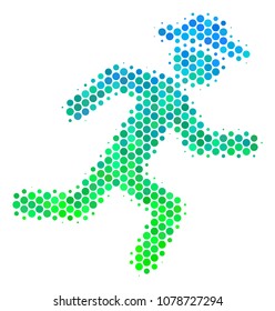 Halftone dot Running Gentleman pictogram. Icon in green and blue color hues on a white background. Vector collage of running gentleman icon combined of circle blots.