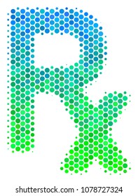 Halftone dot Rx Symbol icon. Pictogram in green and blue color tinges on a white background. Vector mosaic of Rx symbol icon made of round dots.