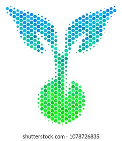 Halftone dot Seed Sprout icon. Pictogram in green and blue color tinges on a white background. Vector pattern of seed sprout icon created of sphere pixels.