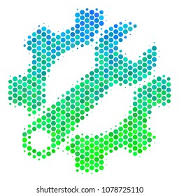 Halftone dot Service Tools icon. Icon in green and blue color tints on a white background. Vector collage of service tools icon combined of sphere blots.