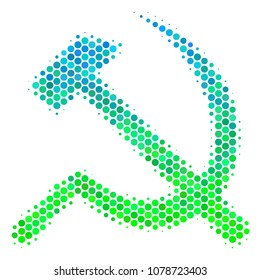 Halftone dot Sickle And Hammer pictogram. Icon in green and blue color tints on a white background. Vector composition of sickle and hammer icon made of spheric blots.