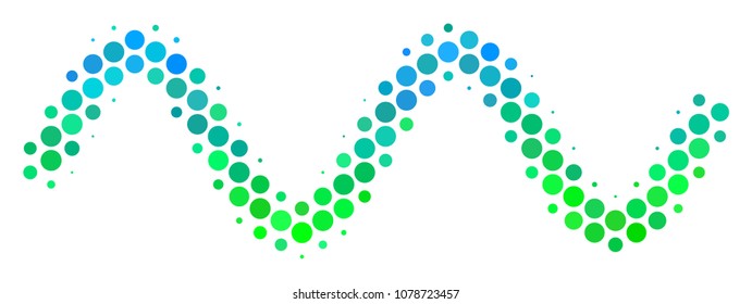 Halftone dot Sinusoid Wave icon. Icon in green and blue shades on a white background. Vector mosaic of sinusoid wave icon designed of sphere blots.