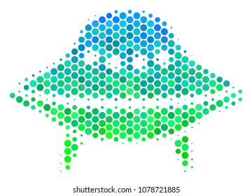 Halftone dot Space Ship icon. Icon in green and blue color tones on a white background. Vector pattern of space ship icon combined of spheric items.