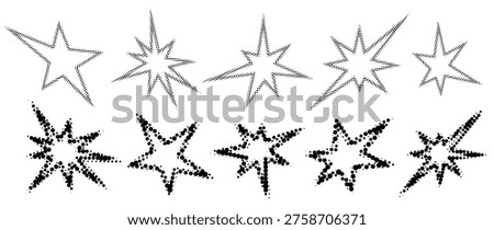 Halftone dot sparkle, stipple y2k star. Dot noise spark burst, grain starburst icon, vintage dot star explosion, grunge magic graphic, radiant sticker vector illustration