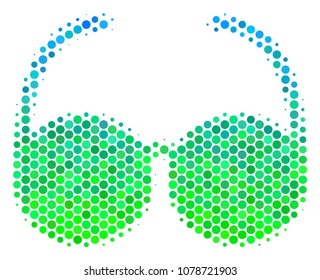 Halftone dot Spectacles icon. Pictogram in green and blue shades on a white background. Vector composition of spectacles icon organized of round elements.