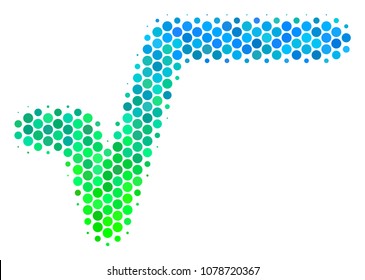 Halftone dot Sqrt pictogram. Pictogram in green and blue color tones on a white background. Vector mosaic of sqrt icon constructed of sphere pixels.