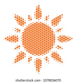 Halftone dot Sun icon. Pictogram on a white background. Vector collage of sun icon done of round blots.