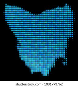 Halftone Dot Tasmania Island Map. Vector geographic map in blue color tinges on a black background. Vector composition of Tasmania Island Map created of square items.