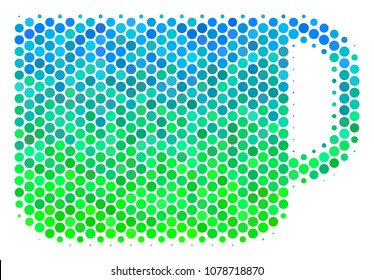 Halftone dot Tea Cup pictogram. Pictogram in green and blue color tints on a white background. Vector pattern of tea cup icon combined of spheric pixels.