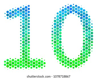 Halftone dot Ten Digits Text icon. Icon in green and blue color tinges on a white background. Vector pattern of ten digits text icon composed of round blots.