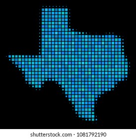 Halftone Dot Texas Map. Vector geographic map in blue color shades on a black background. Vector composition of Texas Map created of rectangle items. Stylized halftone illustration for templates.