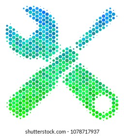 Halftone dot Tools icon. Pictogram in green and blue color tints on a white background. Vector mosaic of tools icon created of circle blots.