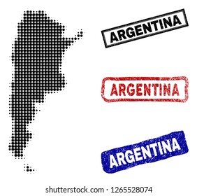 Halftone dot vector abstract Argentina map and isolated black, red, blue scratched stamp seals. Argentina map tag inside rough rectangle frames and with corroded rubber texture.
