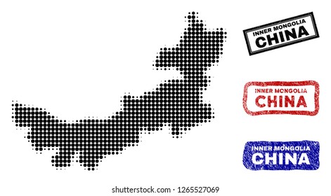 Halftone dot vector abstract Chinese Inner Mongolia map and isolated black, red, blue rubber-style stamp seals.