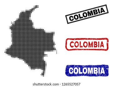 Halftone dot vector abstract Colombia map and isolated black, red, blue rubber-style stamp seals. Colombia map label inside rough rectangle frames and with grunge rubber texture.