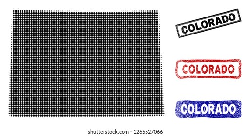 Halftone dot vector abstract Colorado State map and isolated black, red, blue rubber-style stamp seals. Colorado State map label inside draft rectangle frames and with grunge rubber texture.