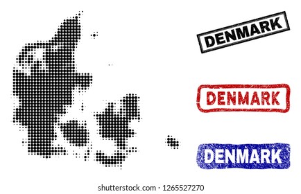Halftone dot vector abstract Denmark map and isolated black, red, blue rubber-style stamp seals. Denmark map title inside rough rectangle frames and with corroded rubber texture.