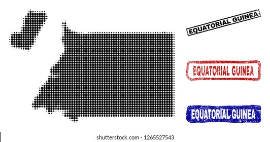 Halftone dot vector abstract Equatorial Guinea map and isolated black, red, blue rubber-style stamp seals. Equatorial Guinea map title inside rough rectangle frames and with unclean rubber texture.