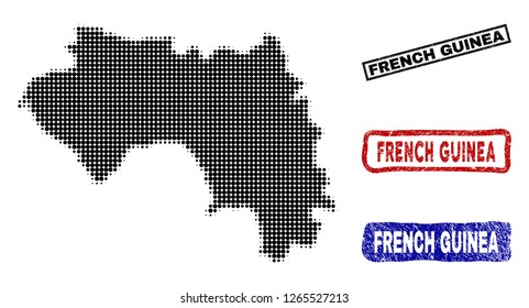 Halftone dot vector abstract French Guinea map and isolated black, red, blue damaged stamp seals. French Guinea map label inside draft rectangle frames and with corroded rubber texture.