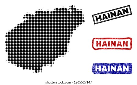 Halftone dot vector abstract Hainan Island map and isolated black, red, blue scratched stamp seals. Hainan Island map tag inside draft rectangle frames and with retro rubber texture.
