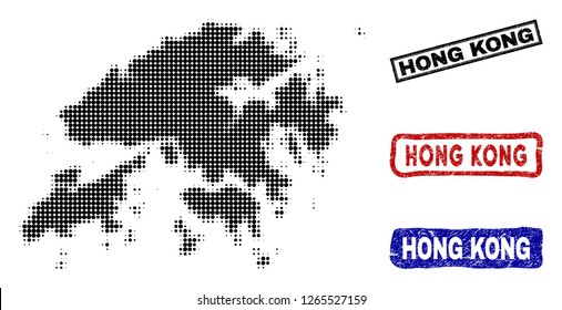 Halftone dot vector abstract Hong Kong map and isolated black, red, blue grunge stamp seals. Hong Kong map name inside draft rectangle frames and with unclean rubber texture.