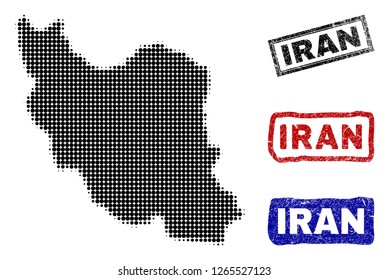 Halftone dot vector abstract Iran map and isolated black, red, blue grunge stamp seals. Iran map label inside draft rectangle frames and with grunge rubber texture.