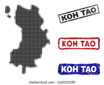 Halftone dot vector abstract Koh Tao Thai Island map and isolated black, red, blue rubber-style stamp seals.