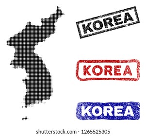 Halftone dot vector abstract Korea map and isolated black, red, blue scratched stamp seals. Korea map label inside rough rectangle frames and with grunge rubber texture.