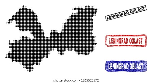 Halftone dot vector abstract Leningrad Oblast map and isolated black, red, blue rubber-style stamp seals. Leningrad Oblast map tag inside rough rectangle frames and with distress rubber texture.