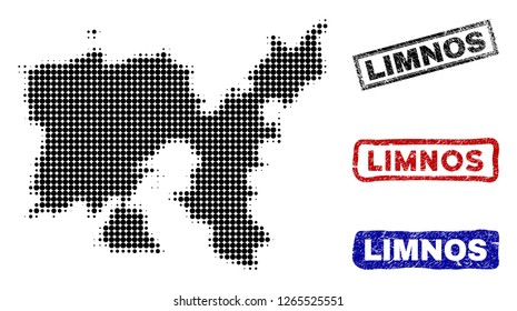 Halftone dot vector abstract Limnos Greek Island map and isolated black, red, blue rubber-style stamp seals.