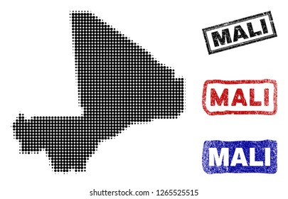 Halftone dot vector abstract Mali map and isolated black, red, blue rubber-style stamp seals. Mali map title inside draft rectangle frames and with scratched rubber texture.